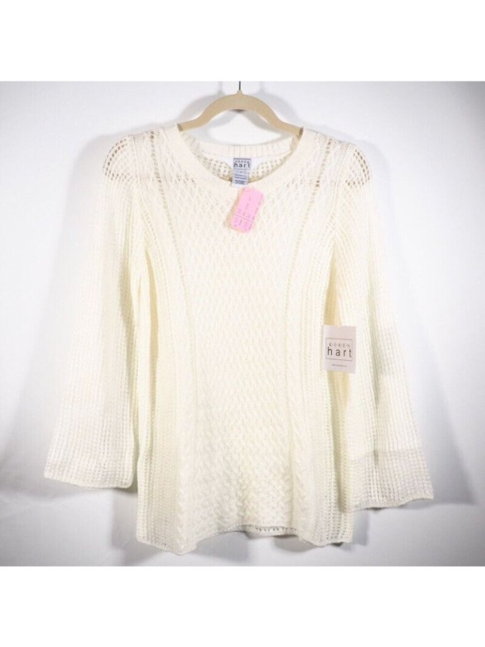 Keren Hart Womens Sweater SIze M Crocheted Ivory Crew Neck Bell Long Sleeve - Picture 9 of 10